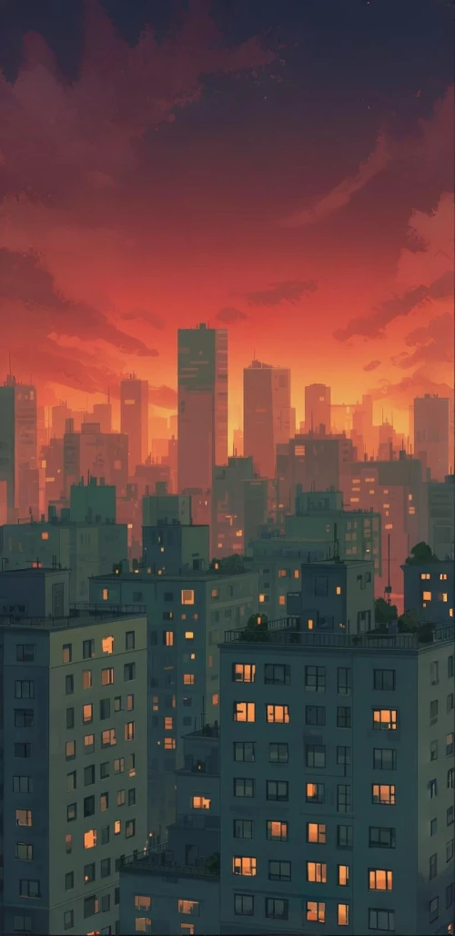 Urban city at sunset