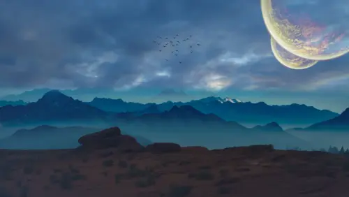 Mountainous landscape and planets