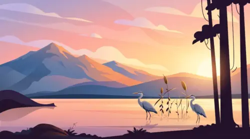 Lake and mountain landscape illustration wallpaper HD 4K for desktop