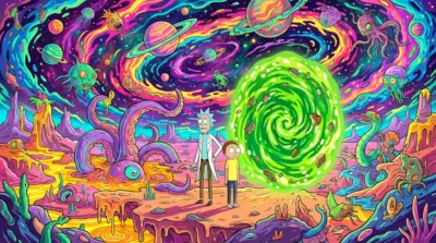 Rick and Morty psychedelic space landscape