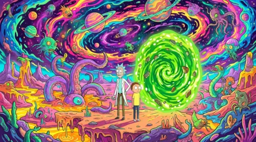 Rick and Morty psychedelic space landscape