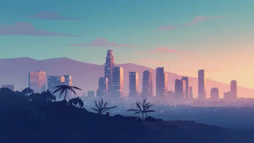 Illustration of a city at sunset