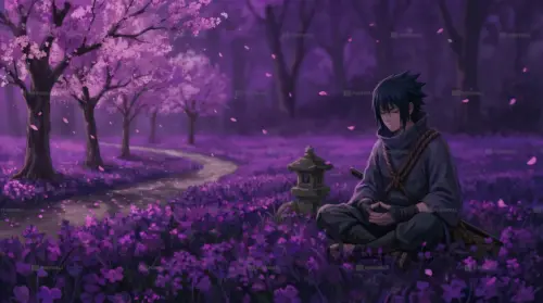 Anime Samurai Japanese Garden Purple wallpaper HD 4K for desktop