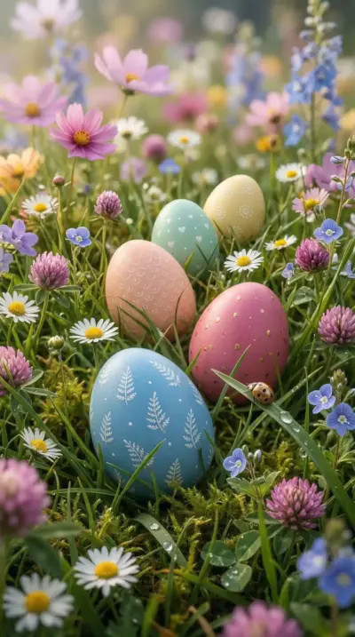 Pâques pastel avec œufs colorés et fleurs sauvages