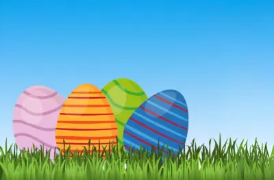 Easter drawing colorful eggs grass blue background