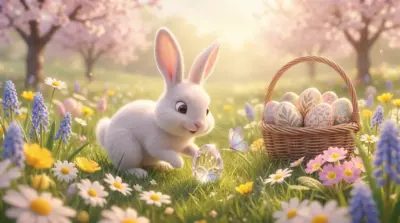 Cute 3D Easter Bunny with Spring Flowers