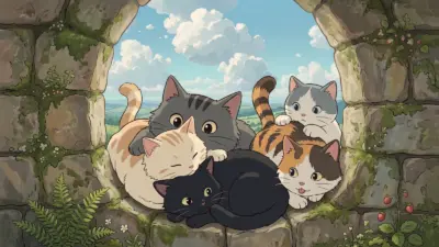 Illustration of cute kittens in a stone window
