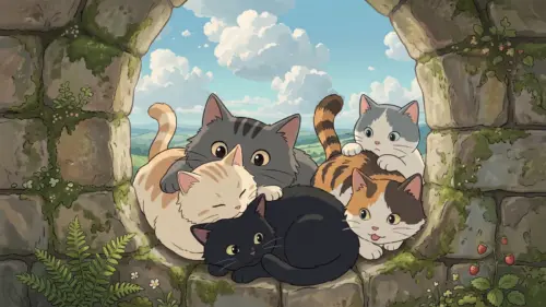 Illustration of cute kittens in a stone window