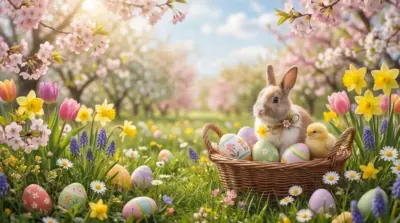 Easter bunny basket of eggs and spring flowers
