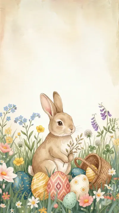 Lapin de Pâques illustration vintage avec œufs colorés