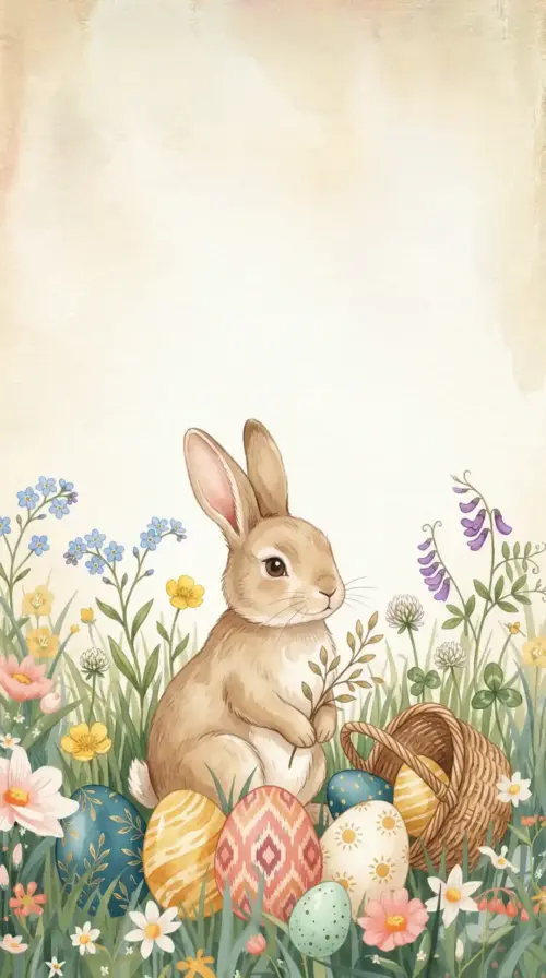 Vintage illustration of an Easter bunny with colorful eggs wallpaper HD 4K for phone