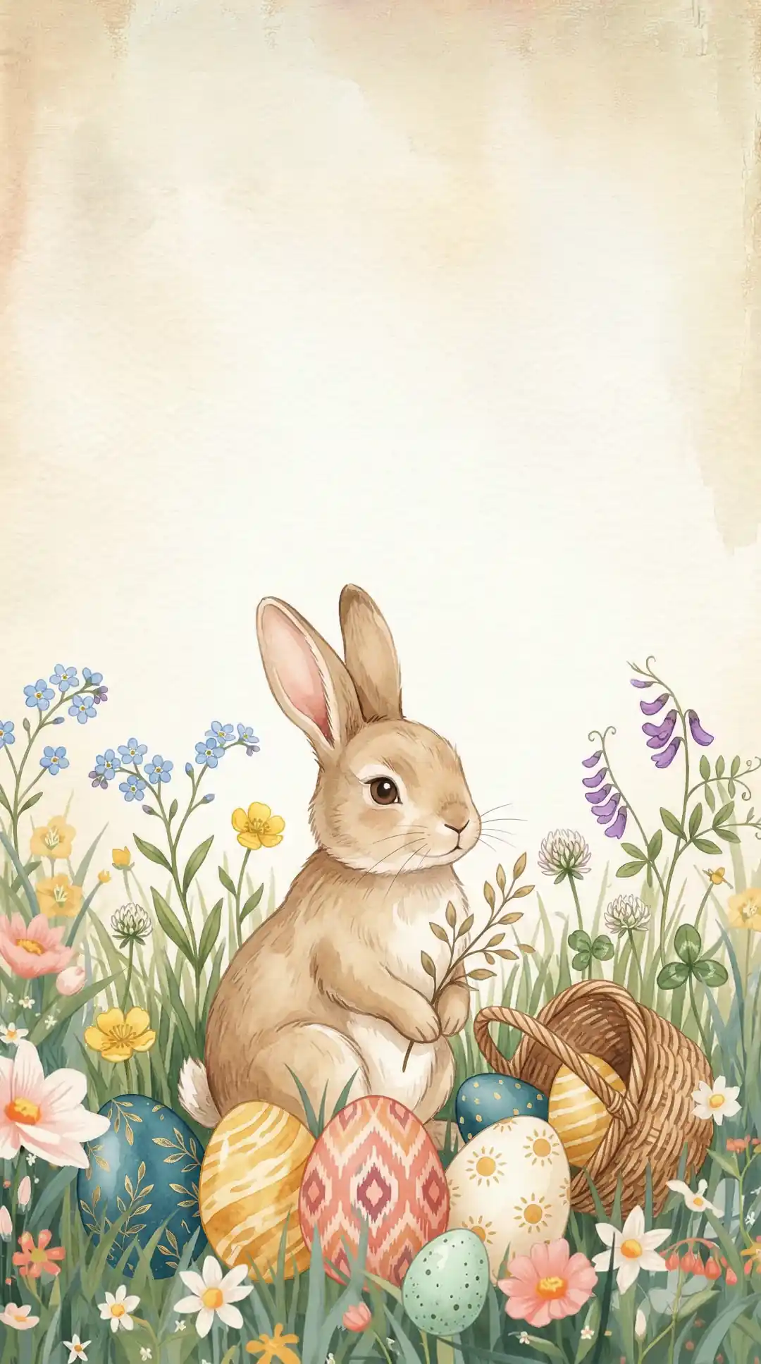 Vintage illustration of an Easter bunny with colorful eggs wallpaper HD 4K for phone