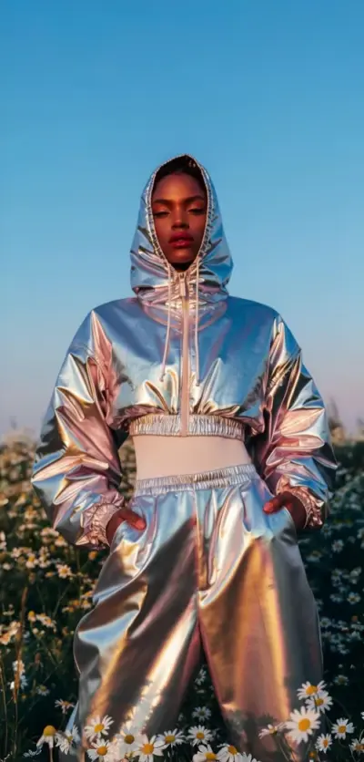 Femme tenue futuriste métallique esthétique