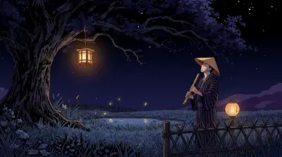 Paysage nocturne japonais avec un samouraï