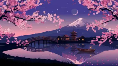 Mont Fuji et cerisiers en fleurs la nuit au Japon
