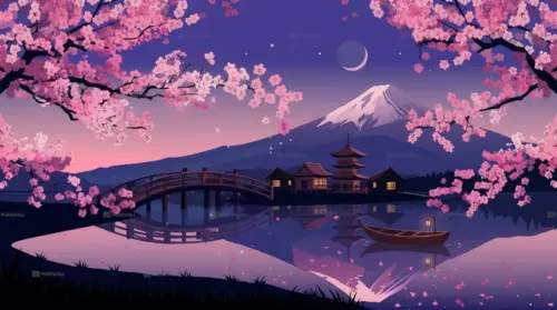 Mount fuji sakura night japan wallpaper HD 4K for desktop