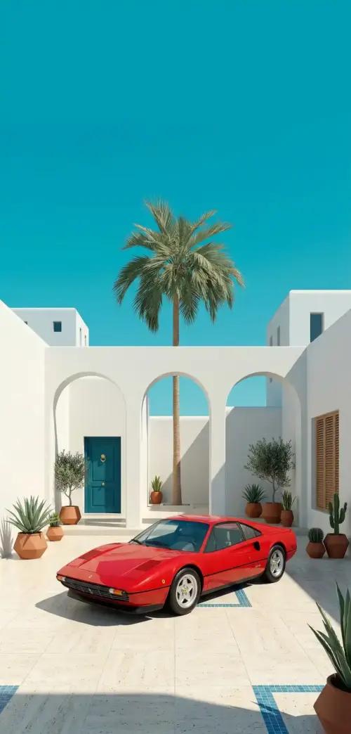Ferrari supercar modern villa and palm tree