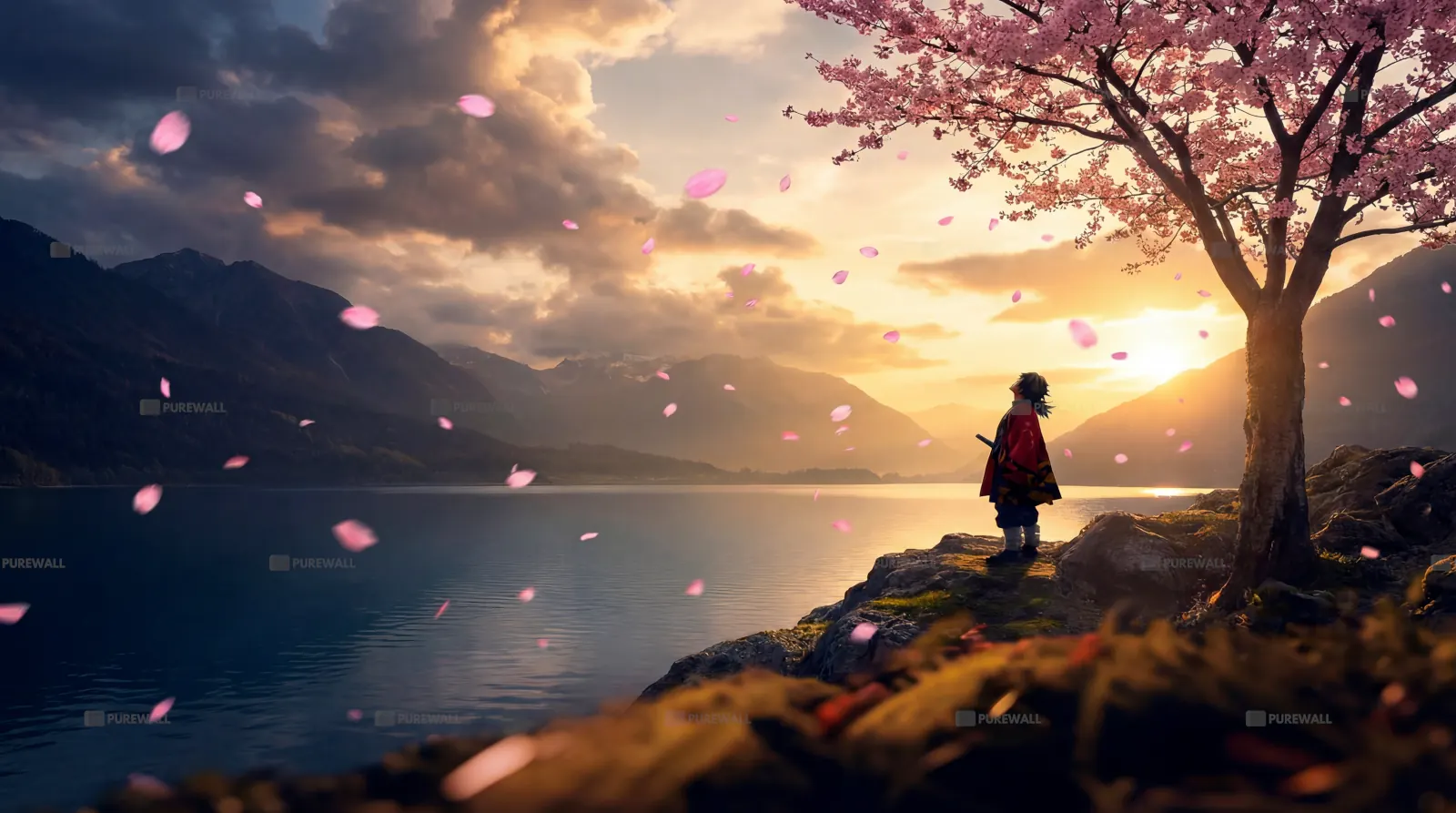 Silhouette of a samurai under a red maple tree | Wallpaper 4k