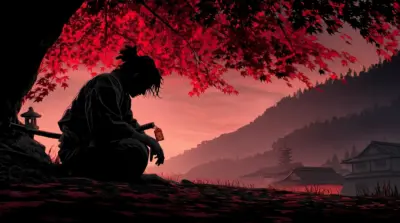 Silhouette of a samurai under a red maple tree