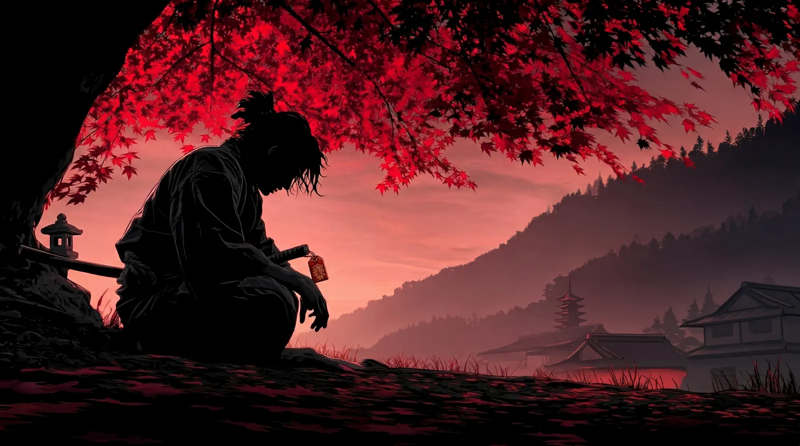 Silhouette of a samurai under a red maple tree | Wallpaper 4k