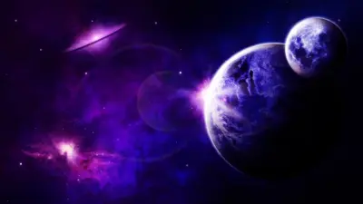 Purple space with planets and galaxy nebula