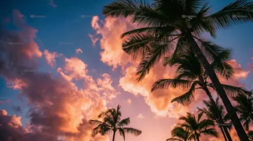 Sunset over tropical palm trees