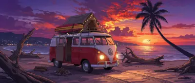 Van on a beach at sunset vanlife style