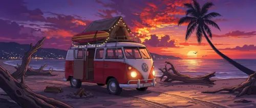 Van on a beach at sunset vanlife style wallpaper HD 4K for desktop