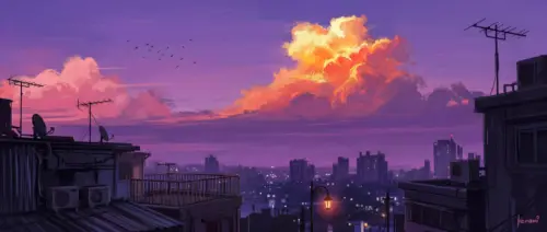 Illustration urbain avec ciel violet et nuage fonds d’écran HD 4K pour ordinateur