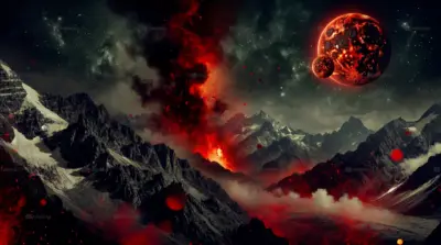 Paysage apocalyptique volcan planète rouge fantasy