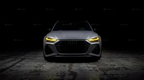 Dark background gray Audi RS6 with yellow headlights wallpaper HD 4K for desktop