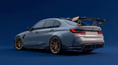 BMW M3 Competition sedan gray rear view