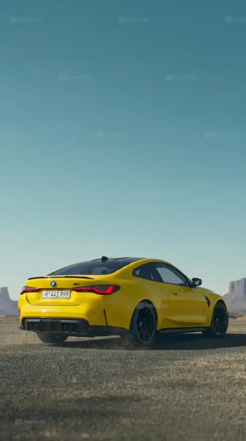 Yellow BMW M4 desert and road landscape 4K mobile