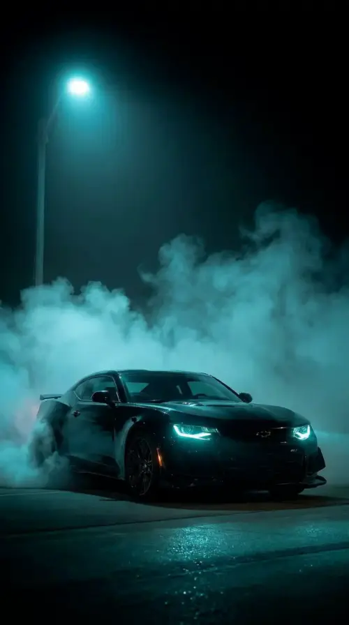 Midnight black Chevrolet Camaro with smoke