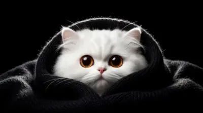 Cute white cat under a blanket