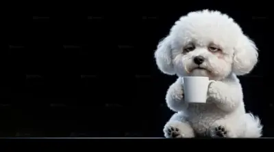 Cute dog holding a cup of coffee