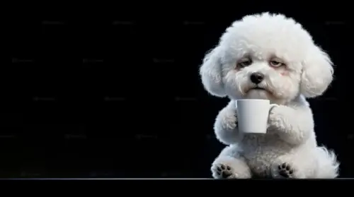 Cute dog holding a cup of coffee wallpaper HD 4K for desktop