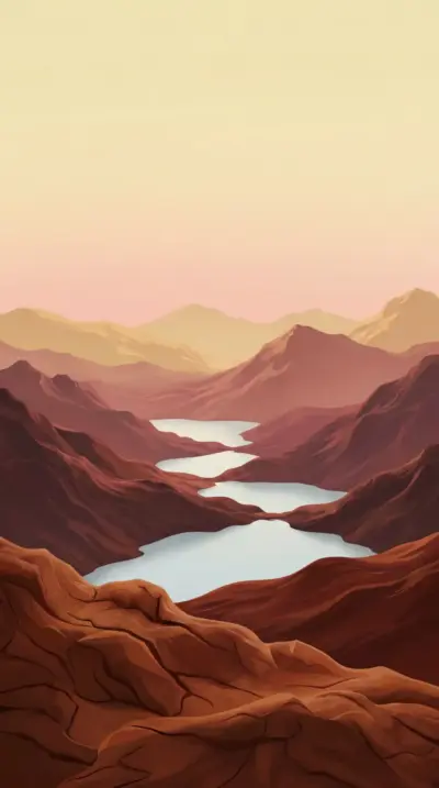 Minimalist desert landscape with mountains and lakes