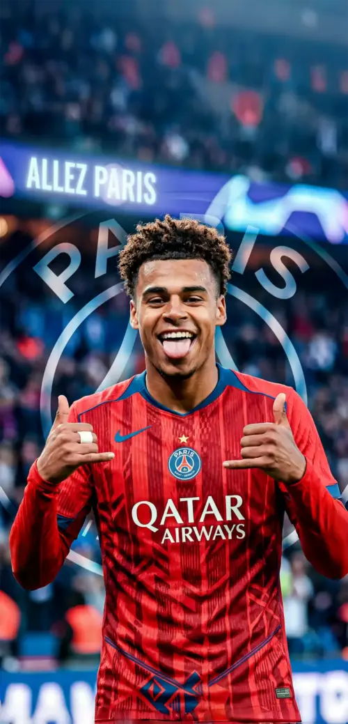 Désiré Doué Player with PSG logo wallpaper HD 4K for phone