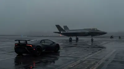 F-35 fighter jet and Lamborghini on a wet runway