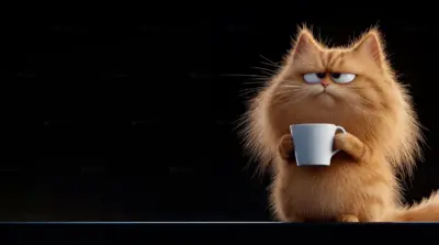 Cute little cat with a cup of coffee minimalist background