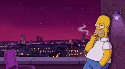 Homer Simpson sur le toit de la ville la nuit fumant