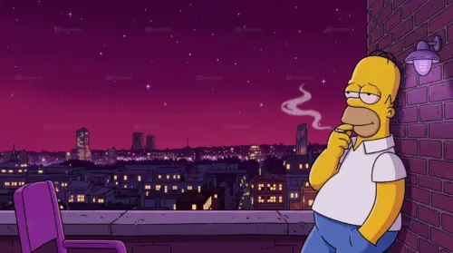 Homer Simpson on the city rooftop at night smoking wallpaper HD 4K for desktop
