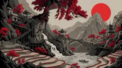 Japanese ink landscape with red sun and mountains