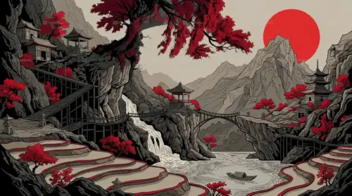 Japanese ink landscape with red sun and mountains wallpaper HD 4K for desktop