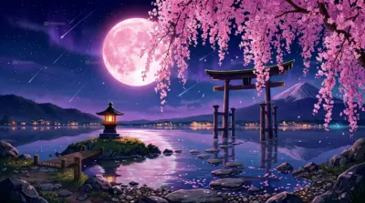 Illustration japonais Mont fuji lac et arbres rose