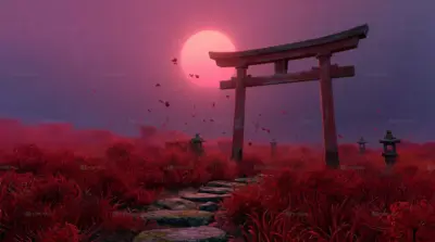 Japanese torii gate and red field