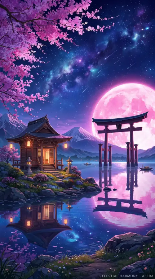 Japanese shrine moonlit night and cherry blossoms wallpaper HD 4K for phone