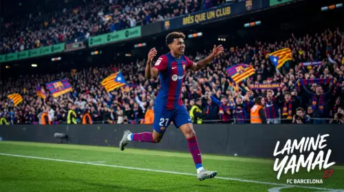 Player Lamine Yamal celebrating on a PC background wallpaper HD 4K for desktop