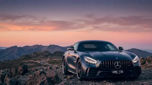 Mercedes AMG GT mountain landscape and sunset wallpaper HD 4K for desktop